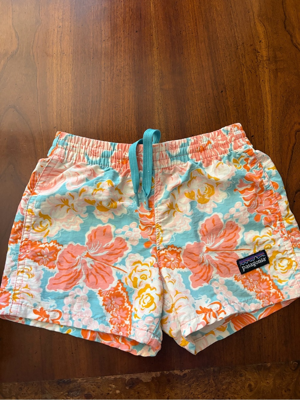 Patagonia Kids Floral Swim Trunks in Aqua, Coral & Yellow